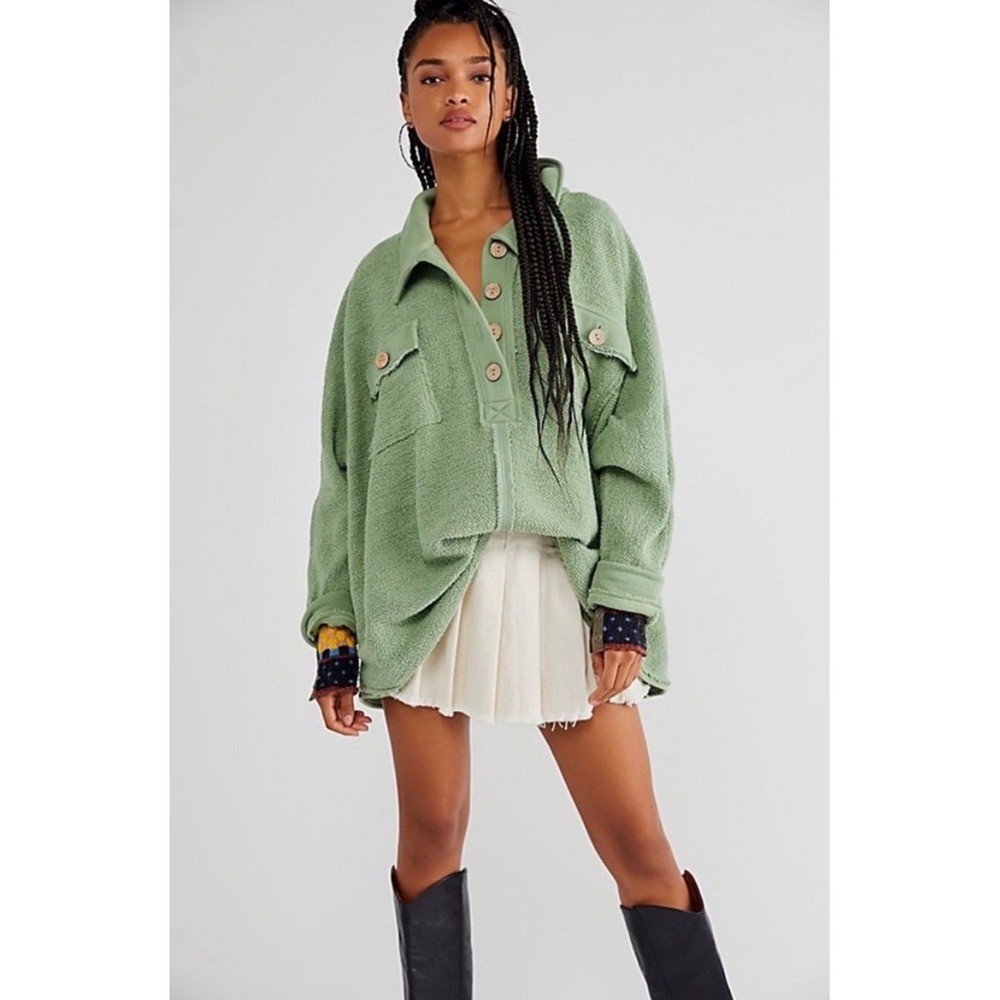 Free People FP Beach Rowan Pullover Backwater Green Cotton Oversized Shacket S